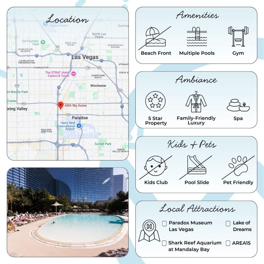 Aria Sky Suites are nestled in the heart of CityCenter, with immediate access to the best of the Strip. Iconic attractions such as the Fountains of Bellagio, Dolby Live, and The Cosmopolitan Casino are steps away, while chic bars, restaurants, shopping, and entertainment venues fill the vibrant neighborhood. The direct connection to Aria Resort & Casino means guests can enjoy 14 on-site restaurants, a dynamic casino floor, and Broadway-caliber entertainment while easily retreating to the serenity of their suite whenever desired.
