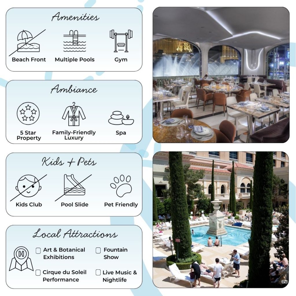 Relaxation reigns at the Bellagio Spa & Salon, where a full menu of massages, facials, body treatments, and salon services offers complete pampering. The serene setting draws inspiration from global wellness traditions, and guests rave about the skilled therapists and soothing wet areas. Beside the spa, a state-of-the-art fitness center boasts modern equipment, classes, and beautiful pool views. Wellness seekers find everything needed to recharge, with spa access open daily and appointments recommended.