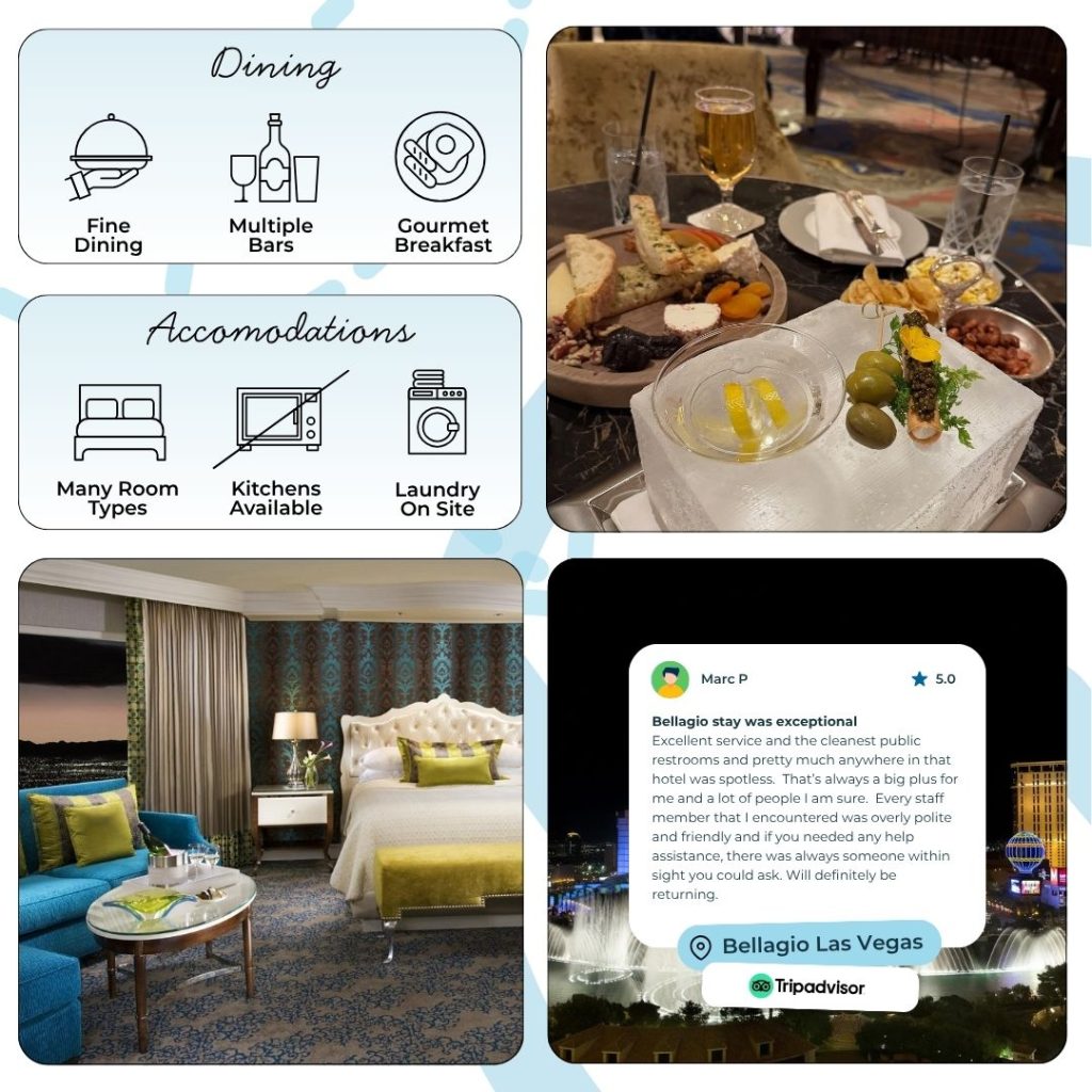 Culinary variety shines at Bellagio, home to award-winning restaurants helmed by celebrated chefs. Enjoy French cuisine at Le Cirque, Italian at Lago, Japanese at Yellowtail, seafood at Michael Mina, and prime steaks at Prime Steakhouse. More casual options like Sadelle’s Café, the Poolside Café, and the Bellagio Buffet cater to diverse cravings. While food quality is exceptional, some guests note that affordable dining options are limited, making advance reservations essential during busy periods.