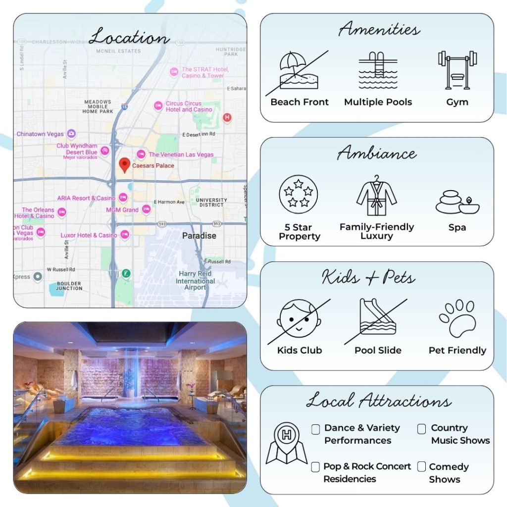 Step into the Garden of the Gods Oasis—an award-winning, seasonal pool complex featuring seven unique pools, luxurious cabanas, and poolside bars. The property’s massive casino floor offers thousands of slots, table games, and a premium sportsbook, providing nonstop excitement day and night. Shop at over 160 boutiques in the connected Forum Shops, one of Las Vegas’s top destinations for luxury brands and unique finds. The resort also features a full-service spa, beauty salon, fitness center, nightclubs, and bars, making it a self-contained city of entertainment.