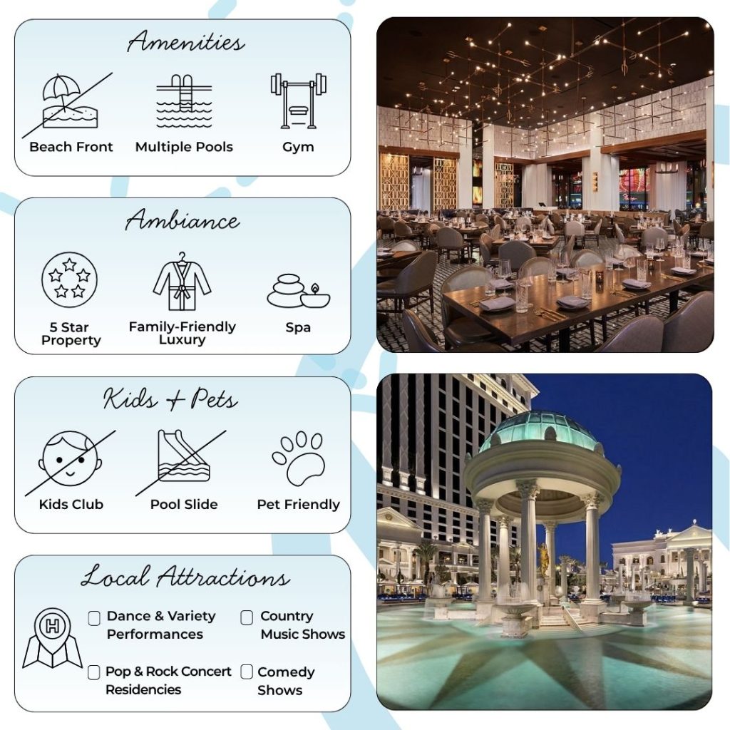 As home to The Colosseum, Caesars Palace is synonymous with legendary entertainment. Catch superstar residencies and iconic shows from the likes of Celine Dion and other global performers. OMNIA Nightclub, with its celebrity DJs and dynamic light shows, draws partygoers from around the globe, while stylish cocktail lounges like Cleopatra’s Barge provide a more relaxed atmosphere. The nightlife here is as vibrant and diverse as the city itself, ensuring every evening is memorable.