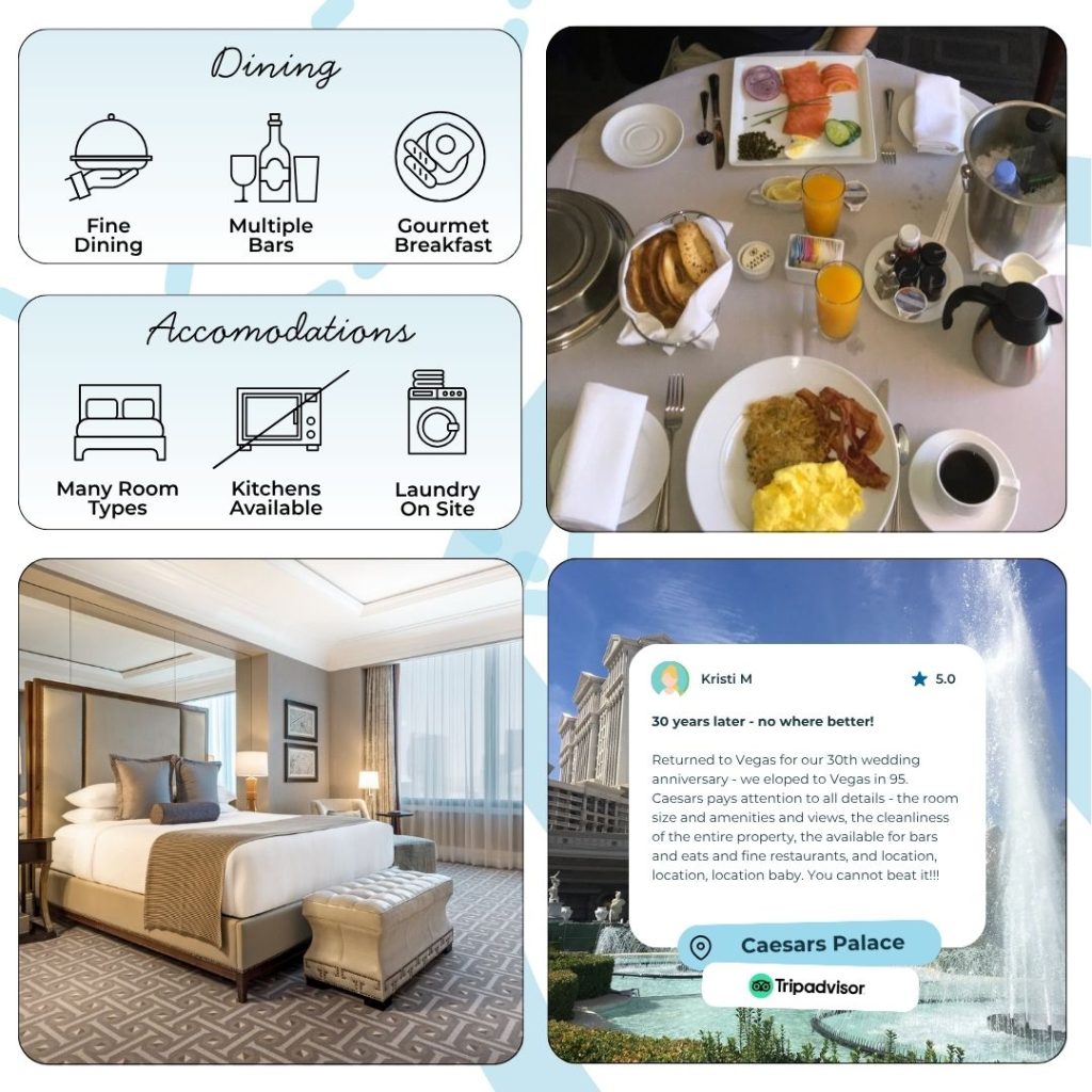 Food lovers will delight in Caesars Palace’s extensive dining scene, with more than 15 restaurants and celebrity chef venues on site. Indulge in signature dishes at Gordon Ramsay Hell’s Kitchen, experience French gastronomy at Restaurant Guy Savoy, or dine on contemporary Asian flavors at Mr. Chow. Casual options like Beijing Noodle No. 9 and the 500-item Bacchanal Buffet round out the culinary adventure. While most guests enjoy the diversity and quality, some mention that prices can be steep, especially for the most exclusive venues.