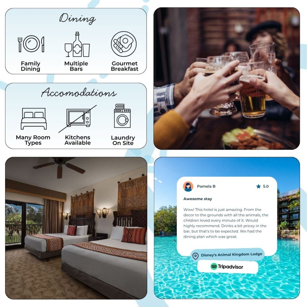 Dining at Disney’s Animal Kingdom Lodge is as varied and vibrant as its wildlife. Boma – Flavors of Africa offers expansive buffets where guests sample everything from roast meats to African pastries. Jiko – The Cooking Place is the resort’s fine dining standout, blending African, Indian, and Mediterranean influences and boasting an acclaimed South African wine list. For casual fare, The Mara provides quick meals highlighting both American favorites and adventurous flavors (like falafel platters or Zebra Domes dessert). Sanaa at Kidani Village is beloved for its Indian-African specialties and panoramic savanna views, while multiple lounges serve creative cocktails and small plates.