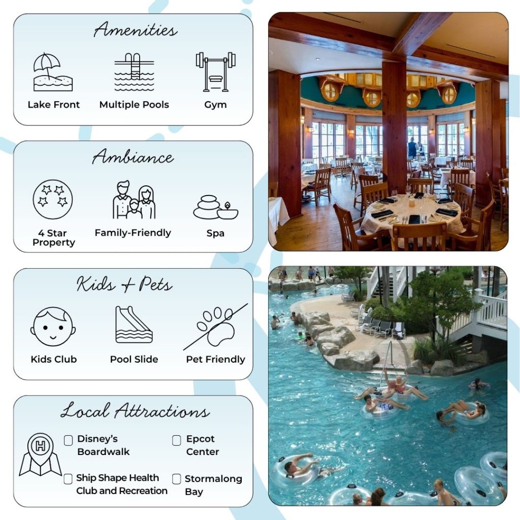 A headline attraction is Stormalong Bay, a sprawling three-acre aquatic playground shared with the Yacht Club Resort. Featuring a sandy-bottom pool, lazy river, shipwreck waterslide, and zero-entry areas, Stormalong Bay ranks as Walt Disney World’s premier resort pool. Multiple whirlpools, shaded cabanas, and poolside dining ensure relaxation and fun for every age. Quieter leisure pools and hot tubs are scattered across the property for guests seeking more solitude.