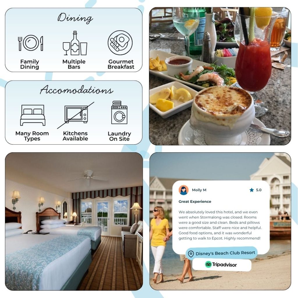 Dining satisfies every craving, from nostalgic treats at Beaches & Cream Soda Shop (try the famous Kitchen Sink sundae!) to New England-style fare at Cape May Café. Quick bites and grab-and-go options are available from the Market at Ale & Compass and Beach Club Marketplace. Martha’s Vineyard is a cozy spot for cocktails, while Hurricane Hanna’s Waterside Bar & Grill keeps poolside guests refreshed. The nearby BoardWalk further expands your choices, all within a short stroll.