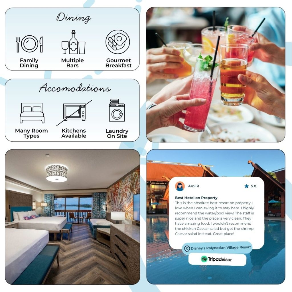 Disney’s Polynesian Village Resort is a dining destination in its own right. Signature options include ‘Ohana, a family-friendly all-you-can-eat restaurant with Lilo & Stitch character breakfasts and Polynesian BBQ feasts for dinner; Kona Café, a favorite for its Tonga Toast and sushi; and the quick-service Capt. Cook’s, serving Asian- and island-inspired dishes from morning till night. Don’t miss Pineapple Lanai for the beloved Dole Whip, tropical cocktails at Trader Sam’s Grog Grotto, or an enchanting evening drink at Tambu Lounge.