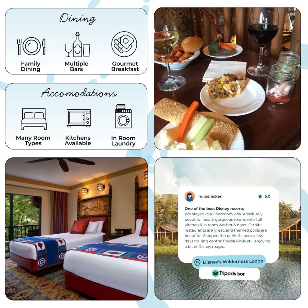 With a wide variety of room types, Disney’s Wilderness Lodge caters to every vacation style. Standard and club-level rooms are spacious and comfortably appointed, while Deluxe Studios and multi-bedroom Villas at the Boulder Ridge and Copper Creek add kitchenettes or full kitchens, separate bedrooms, and laundry facilities—perfect for those needing more space. All accommodations feature rustic décor, modern amenities, and options for stunning views of woodlands, Bay Lake, or even park fireworks. Guests praise the meticulous cleanliness and comfortable beds that ensure restful nights after busy park days.