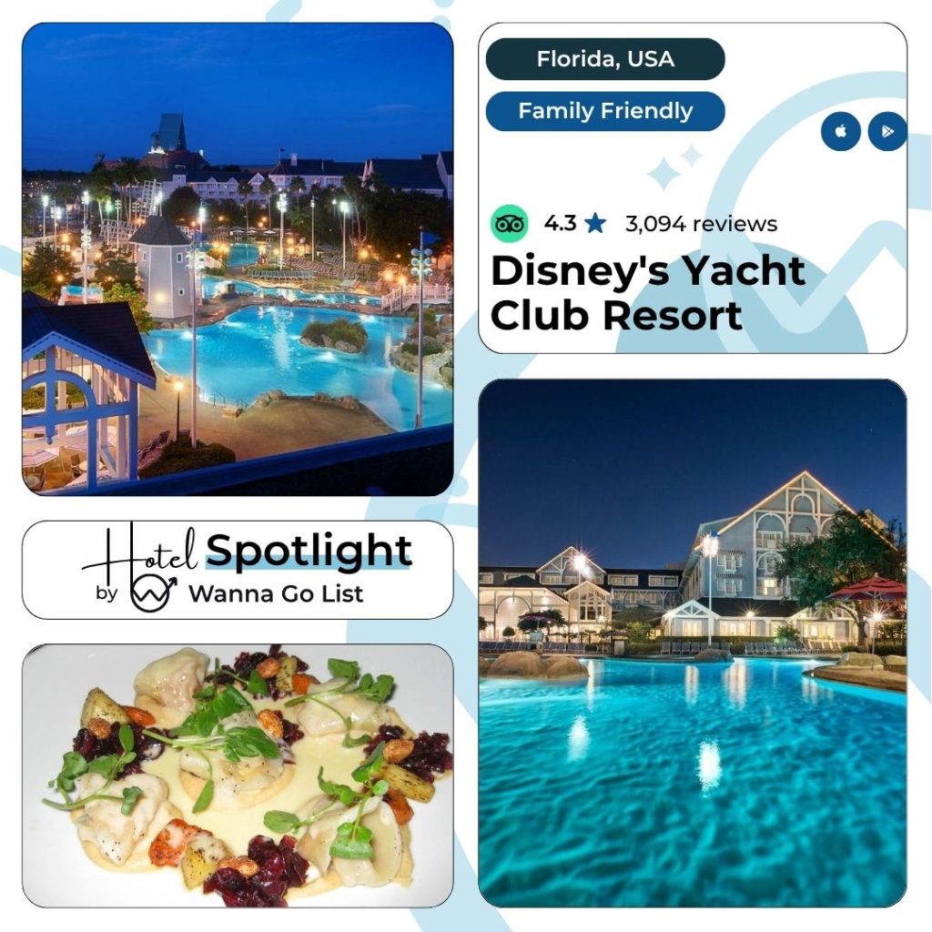 Disney’s Yacht Club Resort sets the standard for waterfront elegance and convenience at Walt Disney World. Inspired by classic New England yacht clubs, this deluxe resort wows guests with timeless nautical decor, deep blues, and polished woods. With just over 600 rooms—much fewer than its sister, Caribbean Beach Resort—Yacht Club ensures a boutique atmosphere, inviting travelers to escape the bustle of the larger properties. Guests enjoy refined lobbies, lush gardens, and seamless connections to EPCOT and Disney’s BoardWalk, making this a prime choice for visitors craving both Disney magic and relaxed sophistication.