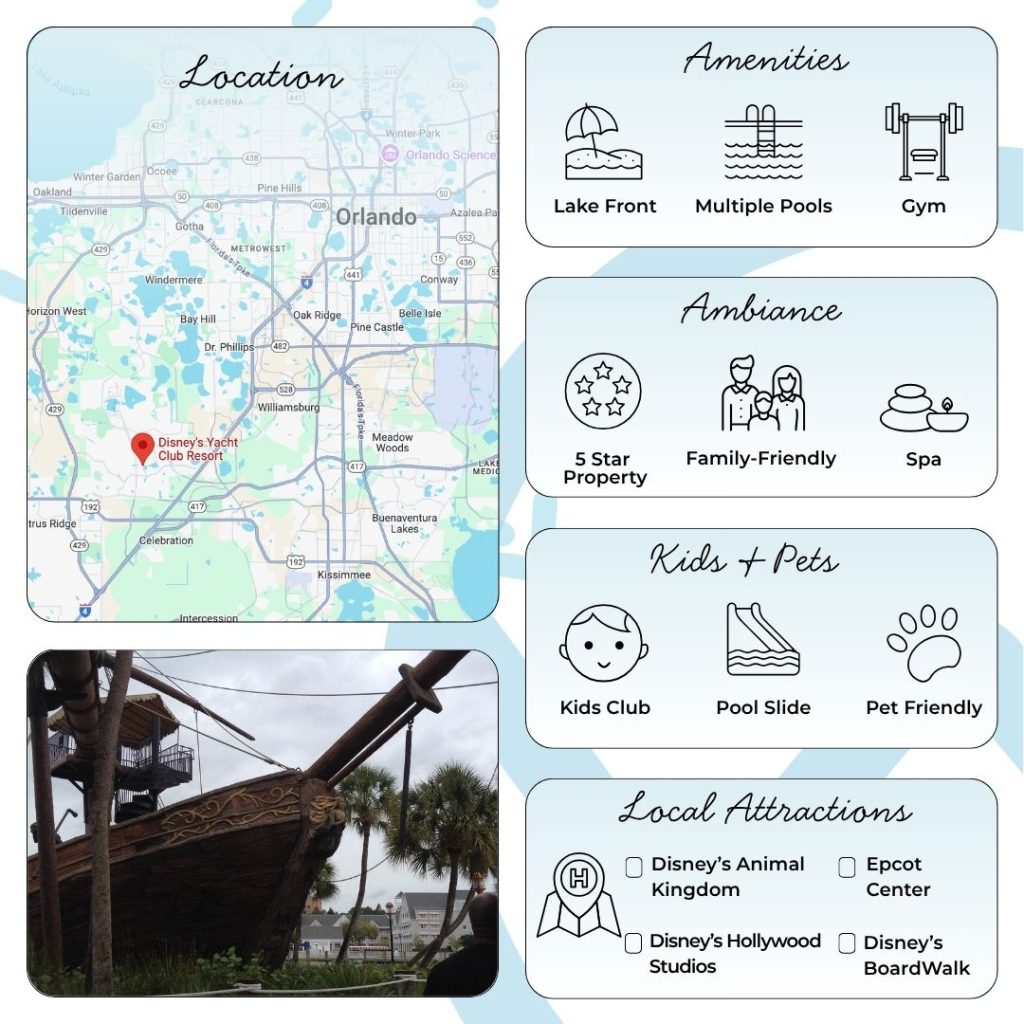 Located in the EPCOT Resort Area, Disney’s Yacht Club offers walkable access to both EPCOT and Disney’s Hollywood Studios, as well as the lively BoardWalk entertainment district. Families love the quick 10-minute walk to EPCOT’s International Gateway and the breezy 20-minute stroll or boat ride to the Studios. Water taxis, Disney Skyliner access at EPCOT, and frequent buses make temple-hopping a breeze. Complimentary transportation to Magic Kingdom, Animal Kingdom, Disney Springs, and more means every destination feels effortlessly close.