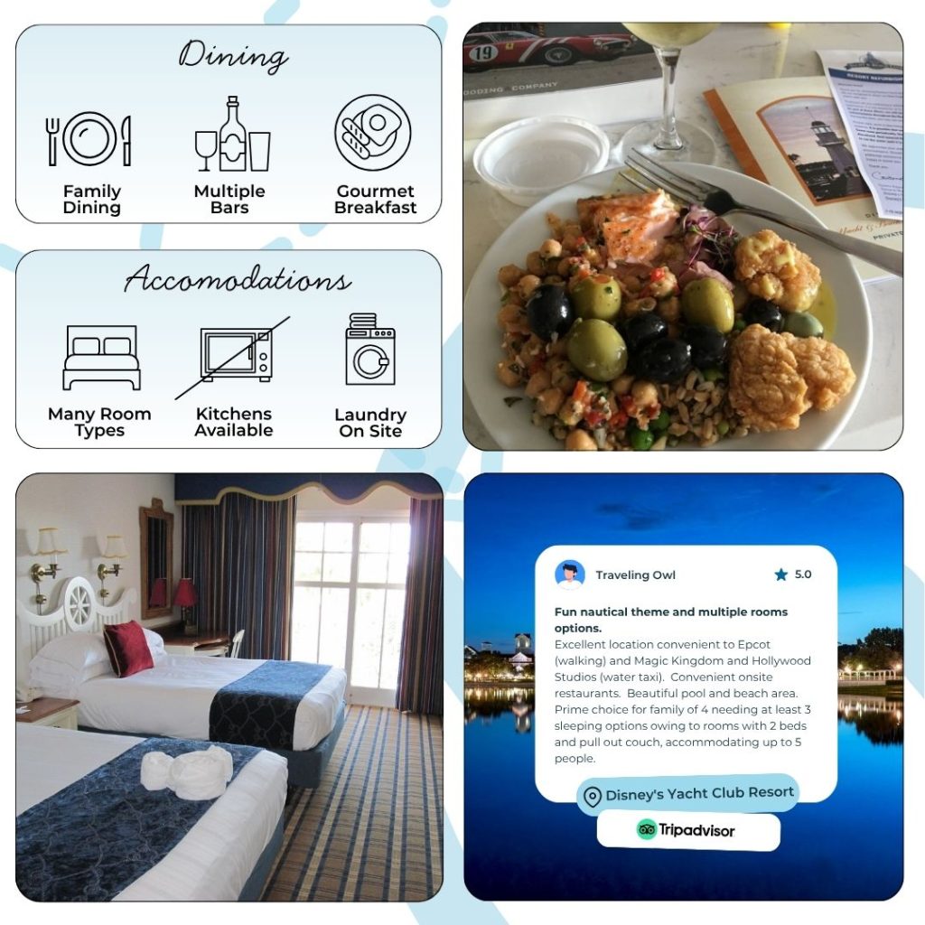 Savor a variety of on-site dining options at Disney’s Yacht Club. Signature meals await at Yachtsman Steakhouse, renowned for hand-cut steaks and fine wines in an elegant setting. Ale & Compass Restaurant delivers New England-inspired breakfasts, hearty lunches, and comforting dinners, with its lounge and marketplace offering cocktails, quick bites, and grab-and-go options. Proximity to Beach Club and BoardWalk expands choices to include character breakfasts at Cape May Cafe, sweet treats at Beaches & Cream, and waterfront dining with whimsical Disney flair.