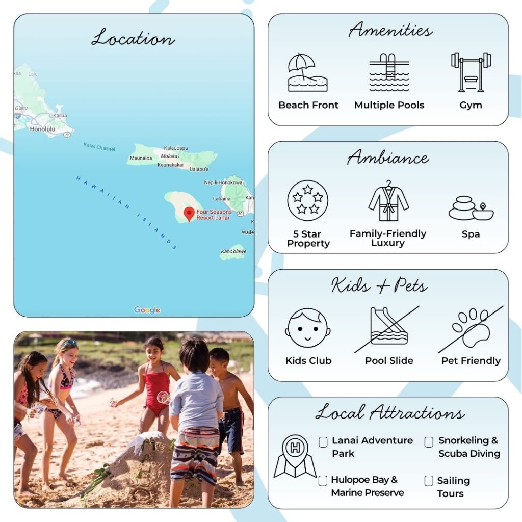 Four Seasons Lanai is a gateway to adventure. Explore marine life with snorkeling, scuba diving, or sunset sails along rugged coastlines. On land, discover the island via four-wheel-drive expeditions, horseback riding, or guided hikes through pristine landscapes. Tennis, yoga, archery, and a state-of-the-art fitness center supplement even the most active guest’s itinerary. For those seeking relaxation, lounge on secluded beaches, meditate in oceanfront gardens, or enjoy sunset drinks at the beach bar as spinner dolphins play offshore.