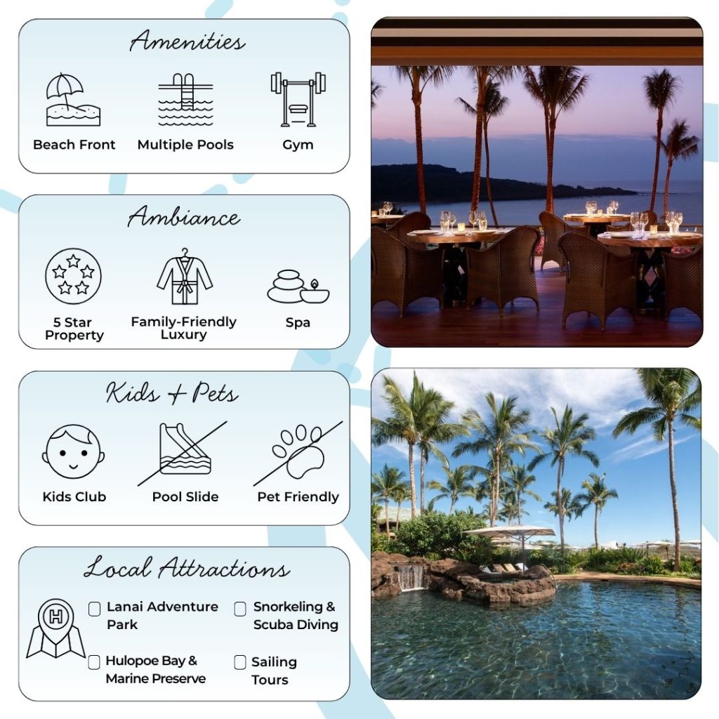 Service at Four Seasons Lanai is consistently praised for its warmth, professionalism, and attention to detail. Guests enjoy amenities like daily housekeeping, turndown service, 24-hour in-room dining, and a complimentary luxury shuttle around the island. Family programs, kids’ clubs, and babysitting services ensure little ones are entertained, while adults appreciate specialty spa treatments, stargazing telescopes, and personalized concierge recommendations. Multilingual staff and inclusive accessibility features further enhance every stay.