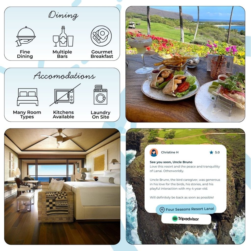 Dining at Four Seasons Lanai is a culinary adventure, highlighted by cliff-side NOBU Lanai, which delights guests with upscale Japanese-fusion cuisine and panoramic ocean views. Additional on-site restaurants cater to every preference, offering everything from casual poolside fare to gourmet Hawaiian-inspired menus. Guests can also savor in-room dining, including exclusive bento experiences in their robes. Resort activities abound: play championship golf at Manele Golf Course, snorkel in crystal-clear Hulopoe Bay, or rejuvenate mind and body at the Hawanawana Spa, renowned for its holistic, honey-infused treatments.