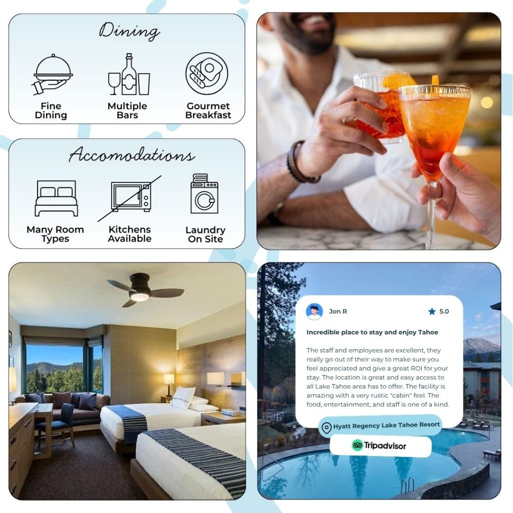 The resort offers 422 modern rooms and suites plus 24 lakeside cottages, all thoughtfully designed with alpine-inspired touches and contemporary comforts. Spacious layouts, premium bedding, and well-equipped bathrooms are especially appreciated by guests seeking luxury and rest after days outdoors. While some reviews note that decor can feel dated and rooms near high-traffic areas experience occasional noise, most guests praise the impeccable cleanliness and options for private balconies, fireplaces, and scenic vistas of the Sierra pine forests or Lake Tahoe’s crystal waters