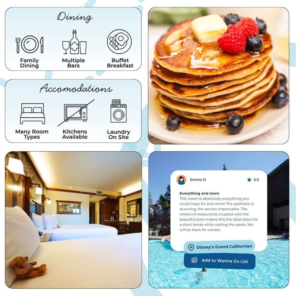 Dining is a delight at Disney’s Grand Californian. Storytellers Cafe provides beloved character dining with Mickey and friends, ideal for families. Napa Rose, the signature fine dining venue (temporarily under renovation), offers contemporary cuisine and elegant settings for special occasions. For quick bites, GCH Craftsman Grill and Bar deliver delicious casual fare by the pool. The cozy Hearthstone Lounge is perfect for cocktails or light meals in the evenings, rounding out the resort’s well-regarded culinary offerings.