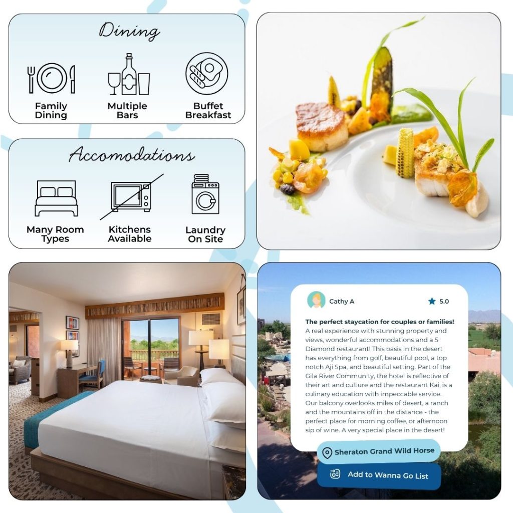 Dining at Sheraton Grand at Wild Horse Pass is a celebration of local flavors. Kai, the only AAA Five-Diamond and Forbes Five-Star restaurant in Arizona, serves haute cuisine interpretations of classic Native American dishes, while Ko’Sin offers regional comfort food with stunning views of the desert. Hanyo at the River delivers lighter fare poolside, and the resort’s other venues provide varied and convenient options to suit every taste and time of day. Travelers recommend making reservations for Kai to experience the resort’s true culinary centerpiece.